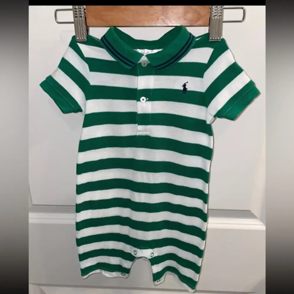 Ralph Lauren Striped Pony Logo‎ One Piece Cotton Romper Green White Baby 9 Month